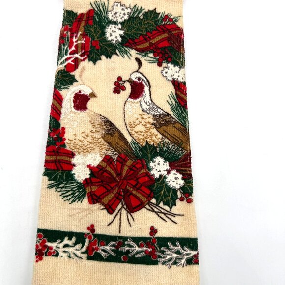 Vtg Cecil Saydah Christmas Partridge Kitchen Towels W/ Red Plaid Trim Set Of 2 - Picture 7 of 12